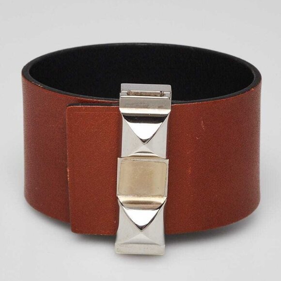 Hermes Fauve/Black Tadelakt Leather Palladium Plated Imprevisible Bracelet - Picture 2 of 7